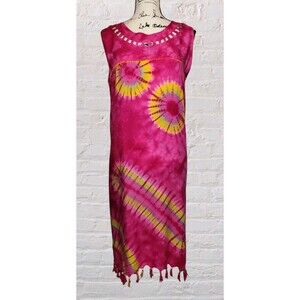 Tie Dye Midi Dress Juniors LG Pink Sleeveless Beaded Fringe Boho Hippie Gypsy